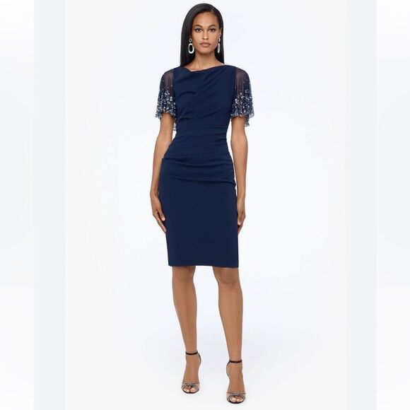 Betsy & Adam A24004P Short Rouched Crepe w/Beaded Flutter Sleeve Dress $259 - Picture 4 of 6